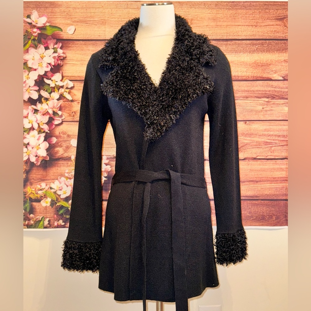 Gloria Vanderbilt Black Sweater Cardigan Small Faux Fur Collar Belted Open Front